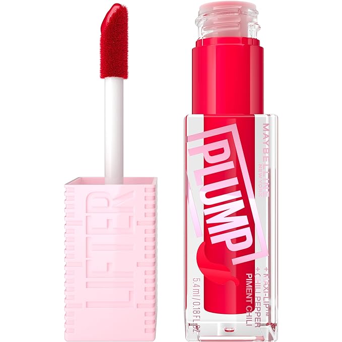 MAYBELLINE Lifter Gloss Lifter Plump, Plumping Lip Gloss with Chili Pepper and 5% Maxi-Lip, Red Flag, Sheer Red, 1 Count
