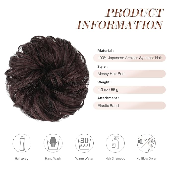 FESHFEN Messy Bun Hair Piece - Wavy Synthetic Chignon Scrunchies for Instant Volume, Elastic Bun Ponytail Hair Extensions Thick Hairpieces for Women, Black Cherry 1.50 oz