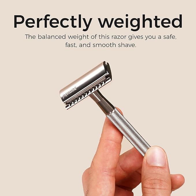 ZOMCHI Double Edge Safety Razor Kit for Men & Women, Reusable Metal Razor with Stand and 10 Blades, Eco-Friendly Plastic-Free Shaving - Matte Silver