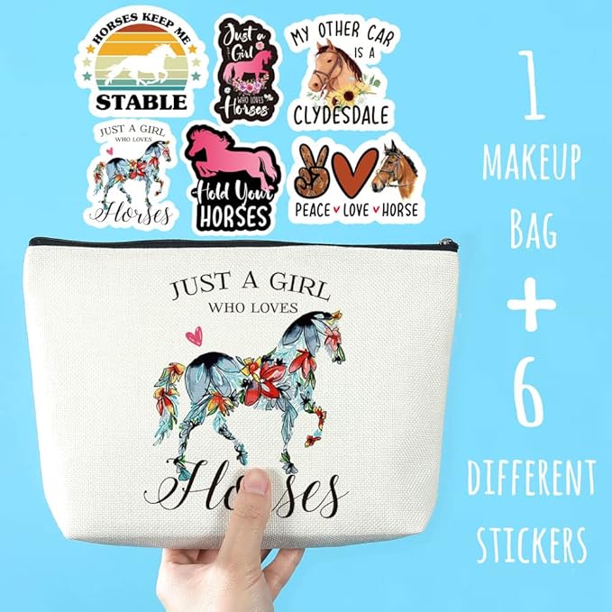 Horses Gifts Girls Horse Cosmetic Bag and 5 Piece Stickers Just a Horses-loving Girl Cowgirl Equestrian Travel Bag Cosmetic Bag Gifts Horse Cosmetic Bag Horseshoe Horse Gifts for Girls