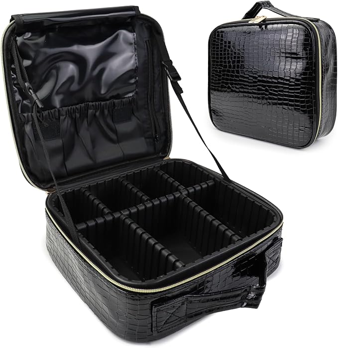 SLUMAZI Travel Makeup Bag Makeup Cosmetic Train Case Organizer Portable Storage Bag with Adjustable Dividers for Cosmetics Makeup Brushes Toiletry Jewelry Black Crocodile Pattern