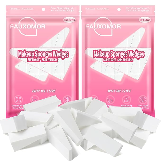 Fauxomor 216 Pcs New Makeup Sponges Wedges for Face Foundation, Latex-Free Triangle Cosmetic Make Up Sponge for Flawless Application and Blending, Beauty Blender for All Skin Types with Four Pouches