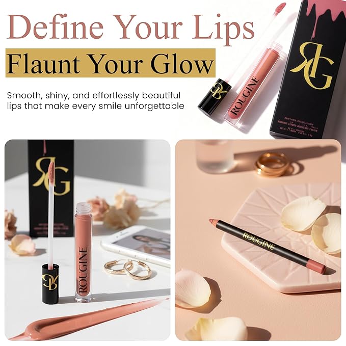 ROUGINE Lip Gloss and Lip Liner Set for Women – Daddy’s Girl Gloss Finish – Smooth Shine Lip Gloss, Soft Glide Lip Liner Pencil – Hydrating Makeup Lip Moisturizer Combo – Vitamin E & Shea Butter