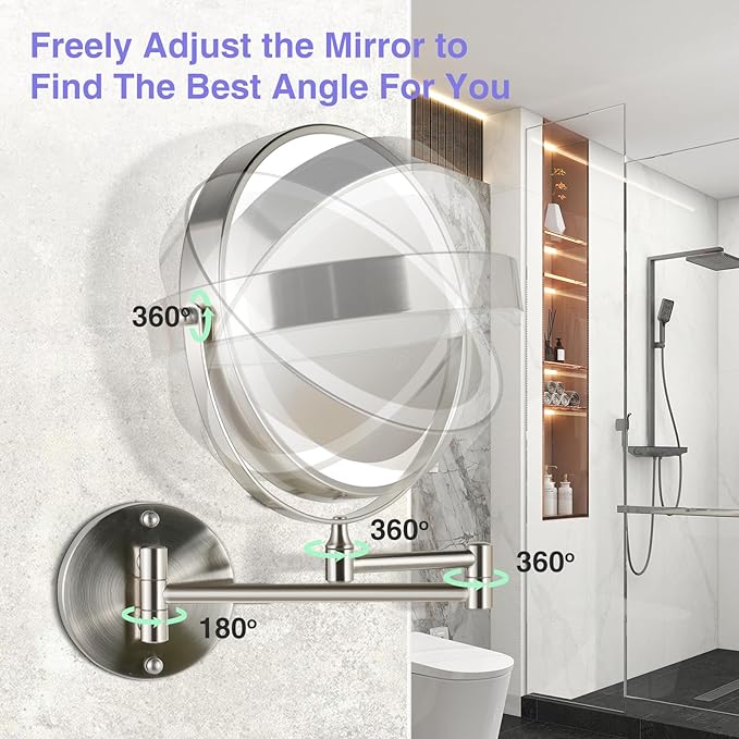 Magnifying Mirror with Lights 1X/20X: 8.5" Double Sided 2000mAh Rechargeable Wall Mounted Lighted Makeup Mirror for Bathroom, Brushed Nickel