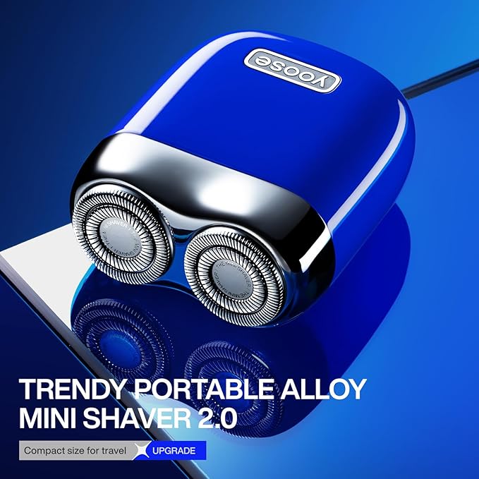 yoose Alloy Mini Shaver, Portable Electric Razor for Men, IPX7 Waterproof, Dry Shave, USB-C Rechargeable, Easy to Clean Magnetic Detachable Head, Cordless Electric Shaver, 60 Mins Runtime, Blue