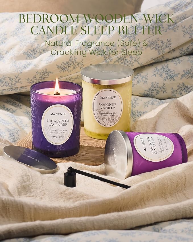 M&SENSE Lavender Vanilla Scented Candle, Cracking Wooden Wick Soy Wax, 18oz 100 Hours Long Lasting Clean Burn, Large Jar Candles for Home Decor, Non-Toxic Relaxing Aromatherapy Gifts for Women