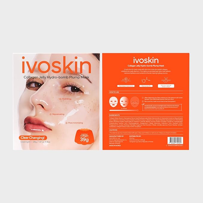 IVOSKIN Collagen Jelly Hydro-bomb Plump Mask, Hydrating 39g x 4ea Real Collagen Mask, Firming and Moisturizing for Glow Skin, Collagen Water over 670,000 ppm