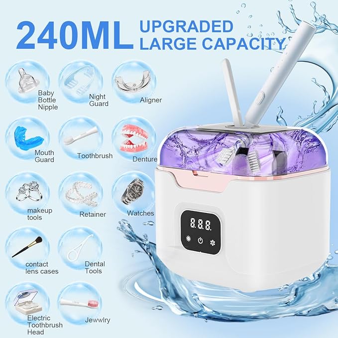 Ultrasonic Retainer Cleaner Machine, 48kHz Ultrasonic Dentures Cleaner with Timer & 4 Modes, 240ML Dental Pod for Mouth Guards, Braces, Aligner, Toothbrush, Jewelry, Makeup tool (White)