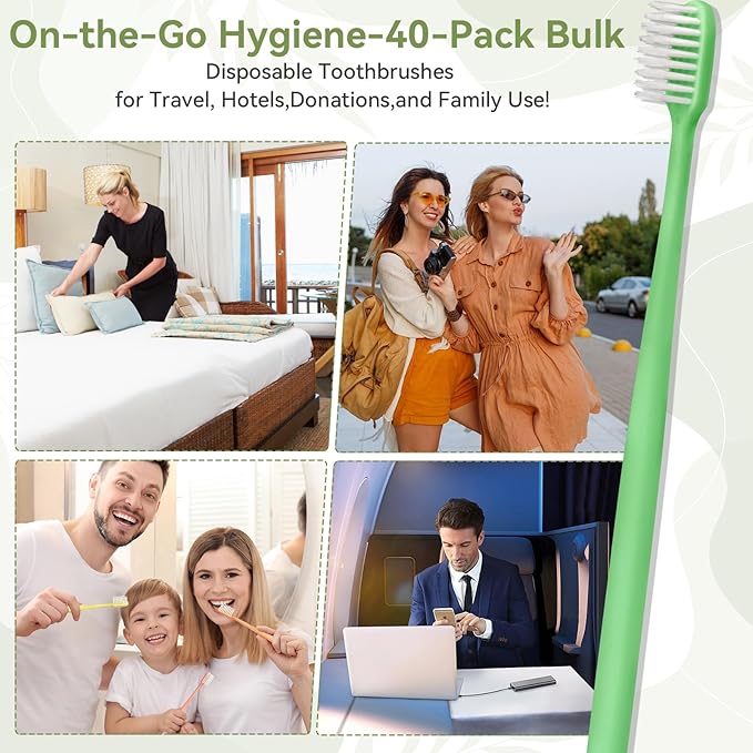40 Pack Disposable Toothbrushes Bulk – Individually Wrapped Soft Bristles Single Use for Adults & Kids, Travel Hotel Guest Dental Office Donation Emergency Hygiene,Minimalist Design 5 Colors