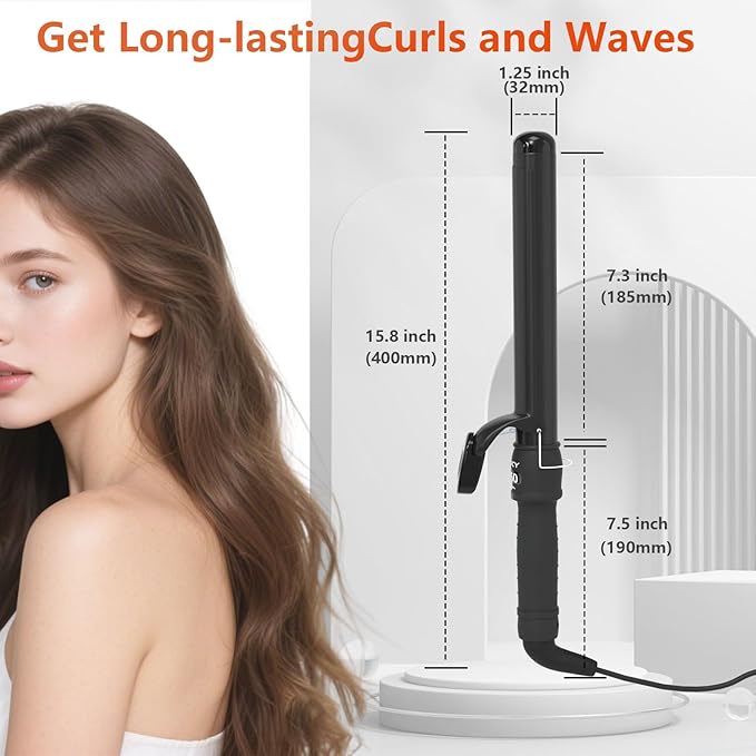 1-1/4 Inch Curling Iron - Ceramic Curling Iron, Fast Heat Function LCD Display 180°F-450°F Adjustable, Long Lasting Beach Waves, Dual Voltage Curler, Heat Resistant, Black