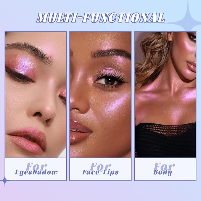 Holographic Chameleon Pink Purple Eyeshadow&Highlighter Palette Makeup, Color Shift Glitter Iridescent Cream Highlighter, Smooth Long Lasting Sparkling Facial Illuminator Palette Fairy Makeup
