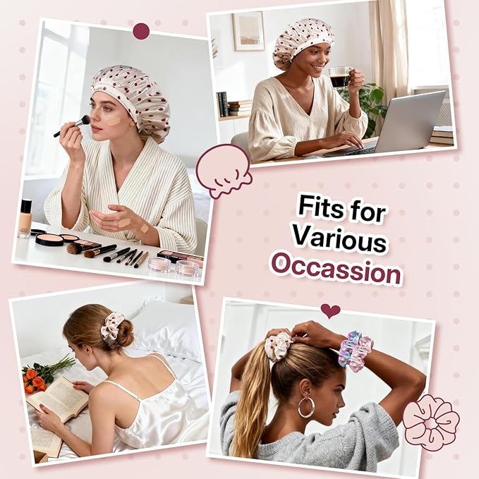 LitBear Silk Bonnet for Sleeping Women, Adjustable Double Layer Satin Silk Hair Bonnet with Scrunchies for Curly Natural Hair