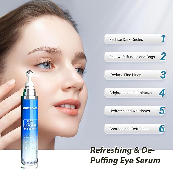 Hicream Eye Cream with 5% Caffeine Hyaluronic Acid, Eye Serum with 360° Roller Massage Ball for Puffy, Fine Lines, Dark Circles and Wrinkles, Under eye Treatment Serum for Women & Men