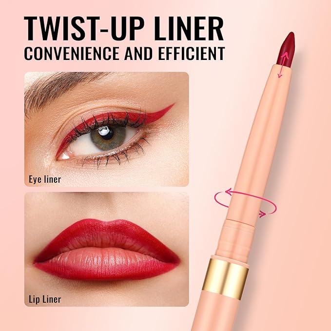 Oulac Red Retractable Lipliner Pencil 2in1 Waterproof Makeup Stick for Lip Liners and Eye Liners, Smooth and Creamy, Long Lasting Matte Finish, Vegan Beauty, 07 Cherry