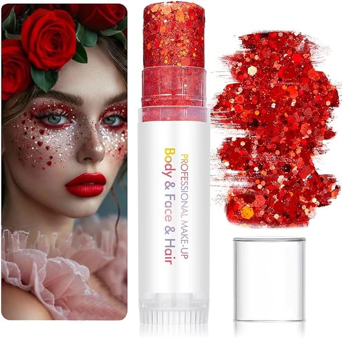 Body Glitter Stick for Face, Body & Hair - Red & Silver/Brown Chunky Sparkle Glitter, 2 Pack | Long Lasting Party Makeup for Festival, Rave, Concert & Cosplay