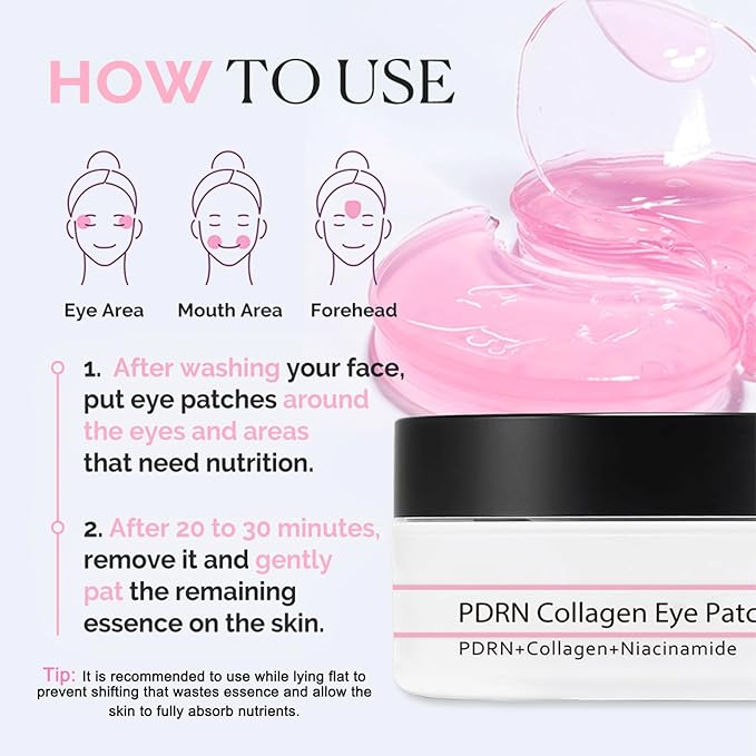 60 Pcs PDRN Under Eye Patches, Eye Mask for Puffy Eyes and Dark Circles, for Eye Bags, Fine Lines and Wrinkles Reduce, Anti Wrinkle, with Niacinamide Hydra-Gel Collagen, Skin Care - Gifts for Women