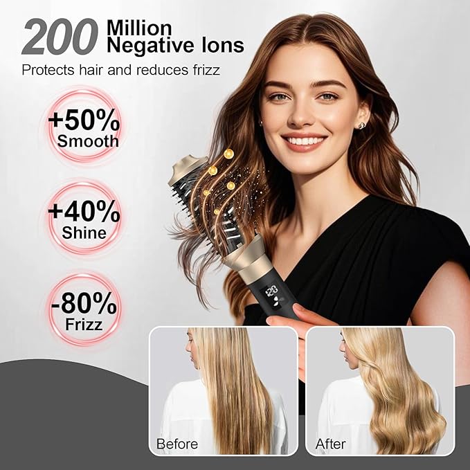 8 in 1 Hair Dryer Brush with Auto‑Curl Chamber – Hot Air Styler & Volumizer, Hair Styler & Dryer in One, Ceramic Ionic Barrel, LCD Temp & Airflow Display