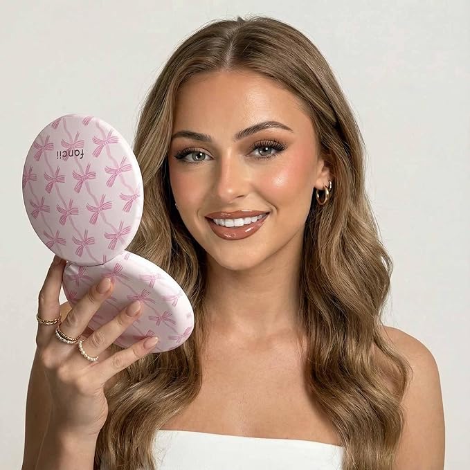Fancii Taylor LED Lighted Travel Makeup Mirror, Rechargeable, 10x /1x Magnifying, Tru-Glow Lighting System, XL Large 5” Wide | Compact Mirror for Purses (Rosette Ribbon)