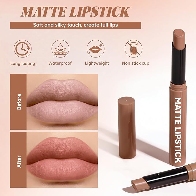 Noerrors 2PCS Gradient Lip Liner and Lipstick Lip Combo Set for Women, Brown Plumping Lip Liner Pencil & Nude Matte Lip Balm, Waterproof Long-Lasting Smudge-Proof Velvet Lip Makeup Kit for beginner