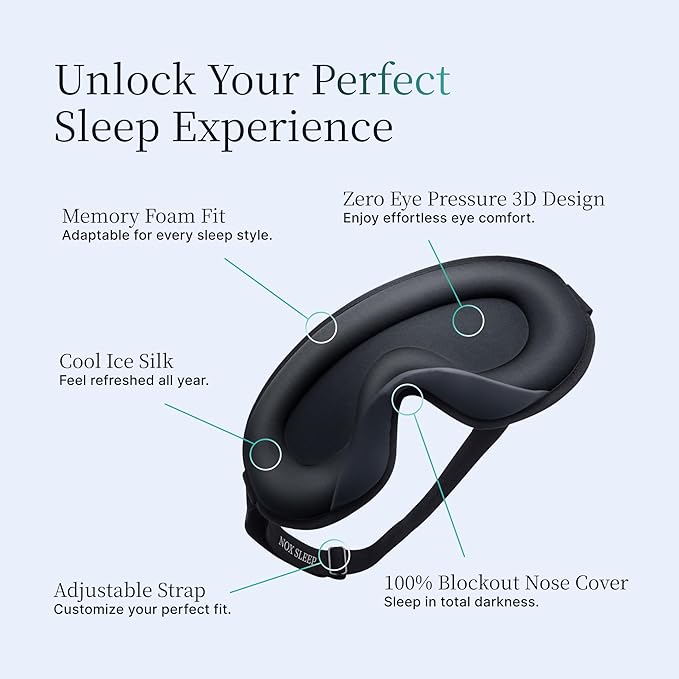 Nox Sleep 3D Sleep Mask for Men, 100% Blackout Eye Mask for Sleep, Ice Silk Adjustable Sleeping Mask for Side Sleepers, Soft Breathable Blindfold, Perfect Sleep Mask for Travel & Women (Black)