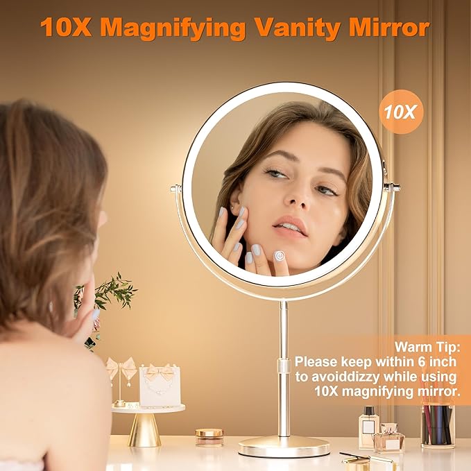 Hasipu 10” LED Makeup Mirror with 1X/10X Magnification - Rechargeable Vanity Mirror, 3 Color Modes, Touch Control, 360° Rotation & Height Adjustable Nickel