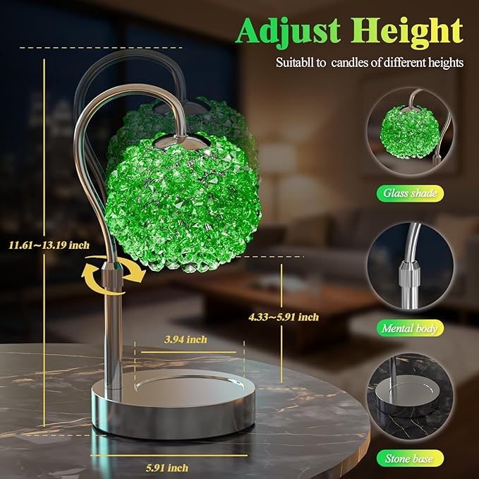 Luxury Candle Warmer Lamp with Crystal Gemstone Shade & Color-Changing Premium Base - Adjustable LED Wax Melt Warmer for Home Decor (Green)