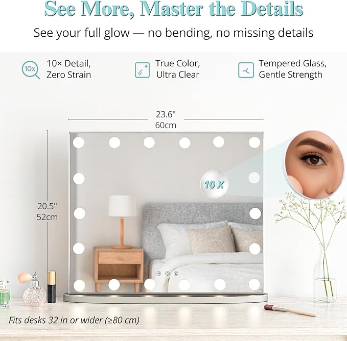 LUXFURNI Hollywood Glamour Vanity Mirror with 4 Extra Bottom Bulbs | Shadow-Free, Perfect Makeup View | Desk & Wall Mountable | 3 Color Modes for Office, Outdoor, Party Looks | USB Charging