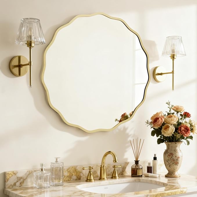 HOMECOOKIN 28 Inch Wavy Round Wall Mirror, Round Wavy Wall Mirror with Aluminum Frame for Bathroom Upgrades, Hotels, Dressing Tables,Farmhouses