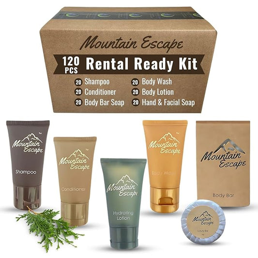 Mountain Escape - Premium Hotel Soaps & Toiletries Bulk Set with 1oz Travel Size Shampoo and Conditioner, Body Wash, Lotion, and 2 guest Soaps - Rental Ready Amenities Kit (120 Pieces)