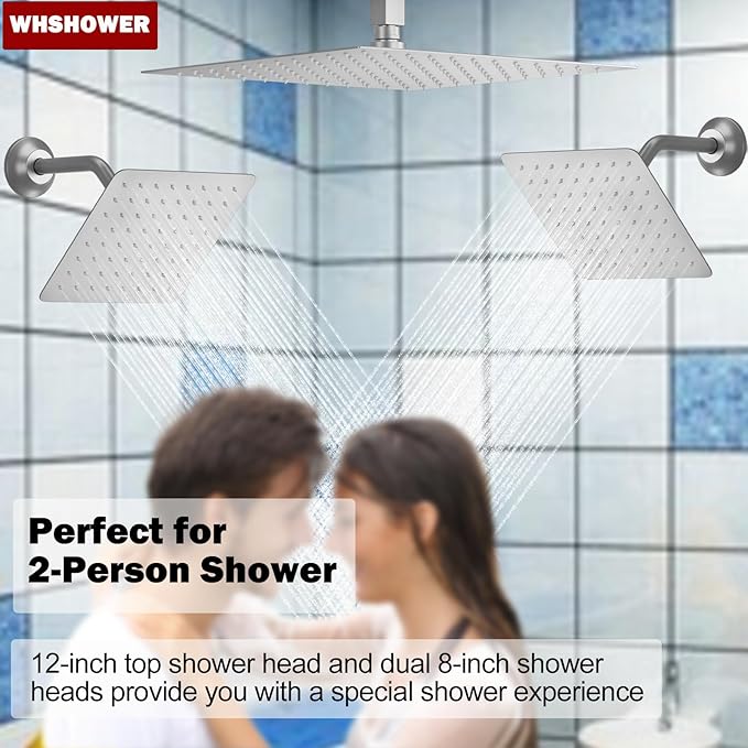 WHSHOWER Brushed Nickel Shower System with 12+8+8" Three Top Shower Heads, Full Body Shower System with Temperature Display,Handheld Sprayer and Body Jets Shower Set