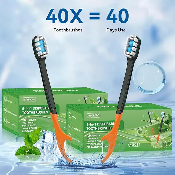 40Pack Disposable Toothbrushes with Toothpaste + Pick + Floss + Tongue Scraper 5-in-3 Mini Prepasted Travel Toothbrush for Hotel Camping Flight Car Single Use Portable Individually Wrapped | Mint