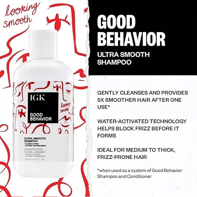 IGK GOOD BEHAVIOR Ultra Smooth Shampoo & Conditioner Set + Travel Size Packettes | Frizz Control + Shine | Vegan + Cruelty-Free | 8 oz (Pack of 2)