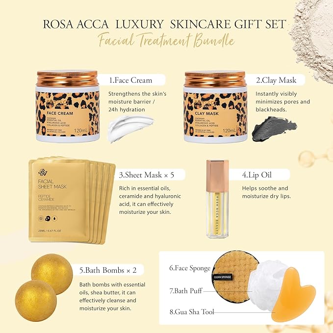 32 Pcs Valentines Day Gifts for Women, Leopard Facial Skin Care Set, Spa & Self-Care Kit, Bath and Body Gifts, Lip Oil, Face Sheet Mask, Serum, Birthday, Christmas, Mothers Day
