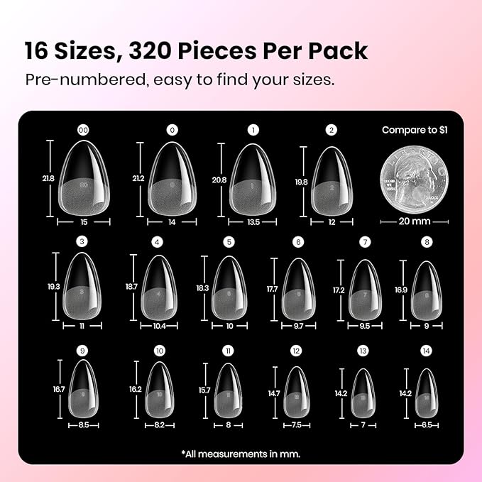 Beetles Gel Nail Tips Curve-EX - Almond Short, 320pcs 16 Sizes, Etch-X Half Matte Full Cover Soft Acrylic False Press on Nail Tips Easy DIY Nail Extension Art Salon for Curved & Natural Nail Beds