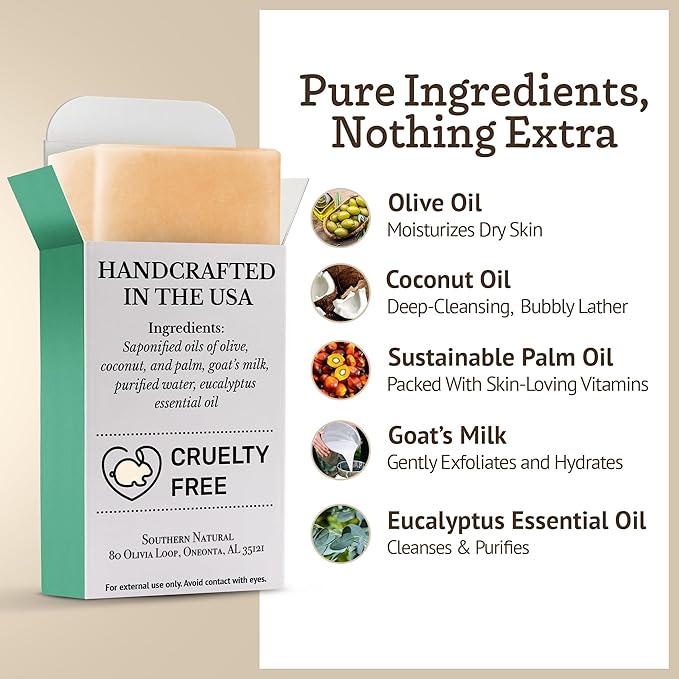Southern Natural Goat Milk Soap Bar (Eucalyptus 3 Pack) For Dry Sensitive Skin. Natural, Handmade Soap For Men, Women, Kids & Baby. Use On Face & Body