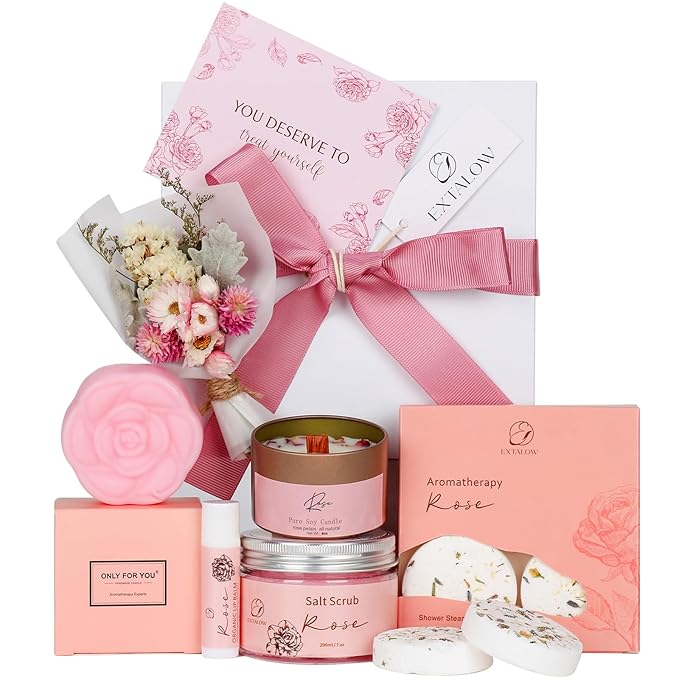EXTALOW Spa Gifts for Women Bath and Body Gift Basket Valentines Day Gift Rose Home Spa Set Self Care Gifts for Mom Sister Her Wife Birthday Gifts for Women Spa Kit Care Package Thank You Gift