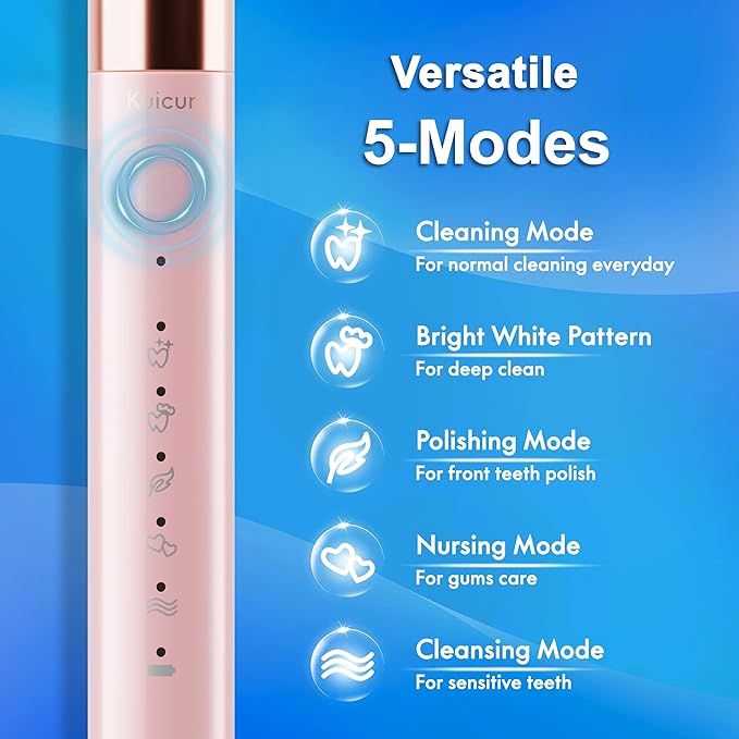 Sonic Electric Toothbrush for Adults & Kids, Rechargeable Electric Toothbrush with 10 Brush Heads & Travel Case, Teeth Whitening, Power Tooth Brush with Holder, Charge for 120 Days - Pink