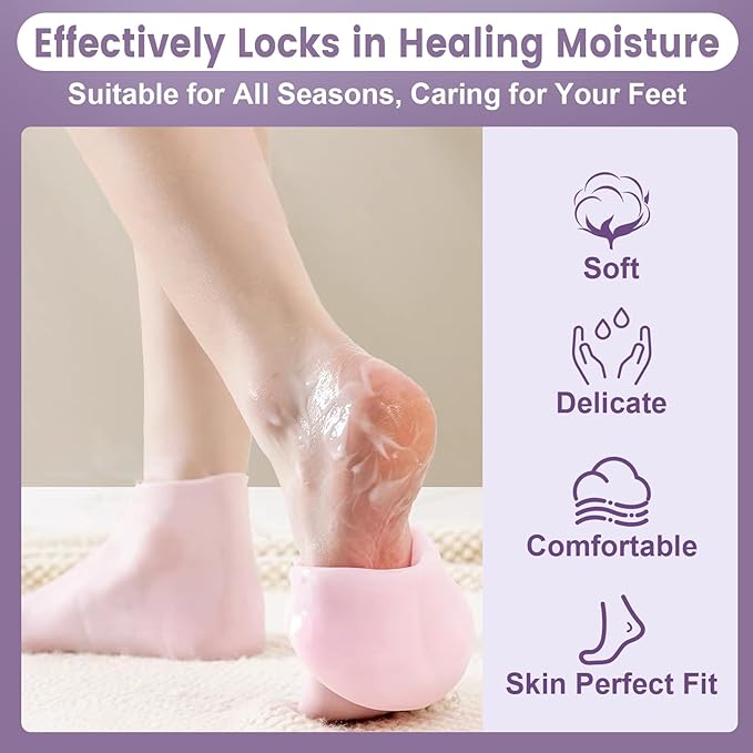 5 Pairs Silicone Socks for Dry Cracked Feet, Women's Moisturizing Foot Socks (Pink, Fits Up to Size 7)