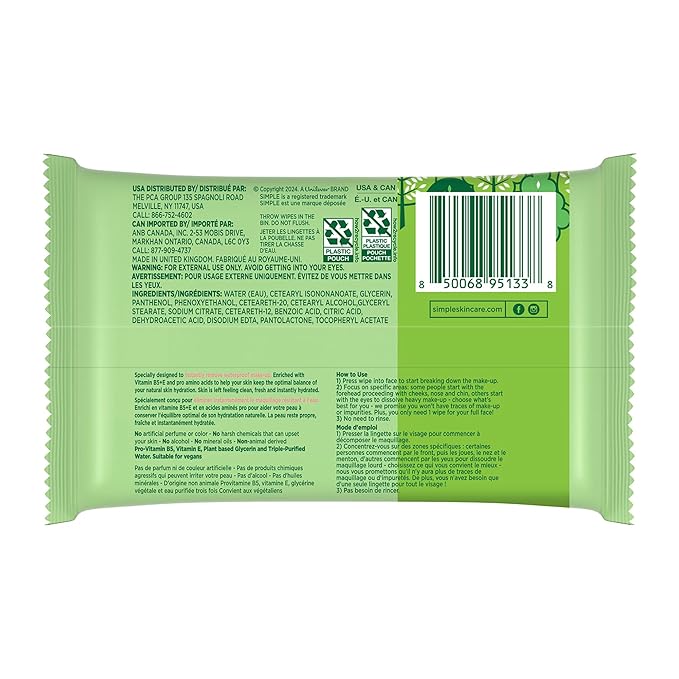 Simple Kind to Skin Facial Wipes Gentle and Effective Makeup Remover Cleansing Free from color and dye artificial perfume and harsh chemicals 25 Wipes