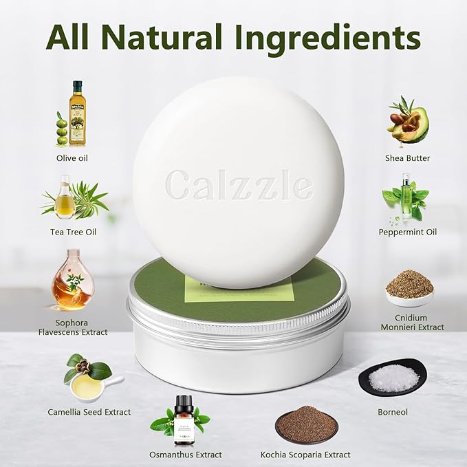 Calzzle 4 Pcs Herbal Soap Bar with Tea Tree Oil, Olive Oil & Organic Shea Butter - Natural Handmade Soap for Women & Men, Gentle Face, Body & Foot Cleanser for Dry, Itchy or Sensitive Skin, 3.53 oz