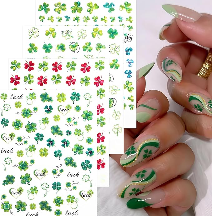 8Pcs St. Patrick's Day Nail Stickers Shamrocks Nail Art Stickers Irish Four Leaf Clover Nail Decals 3D Self-Adhesive Lucky Clover Nail Design St. Patrick's Day Nails Supplies for Women Manicure DIY