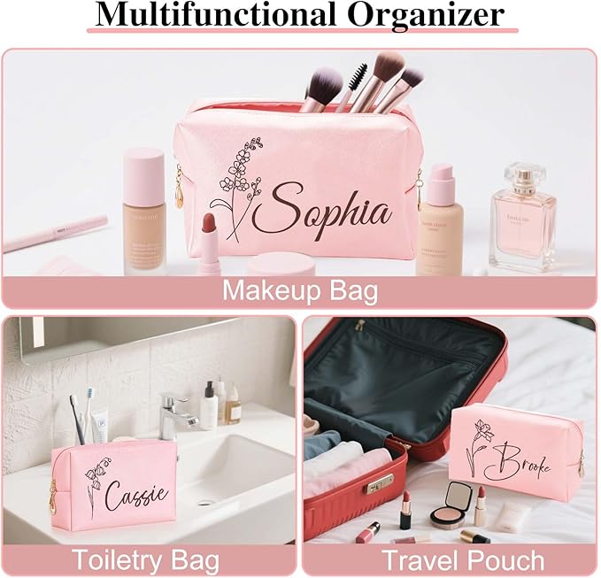 Fincekoom Valentines Day Gifts for Her Teen Girls, Personalized Makeup Bag with Name & Birth Flower, Custom Leather Cosmetic Bags for Women, Customized Travel Toiletry Bag Gifts for Bridesmaid Wedding