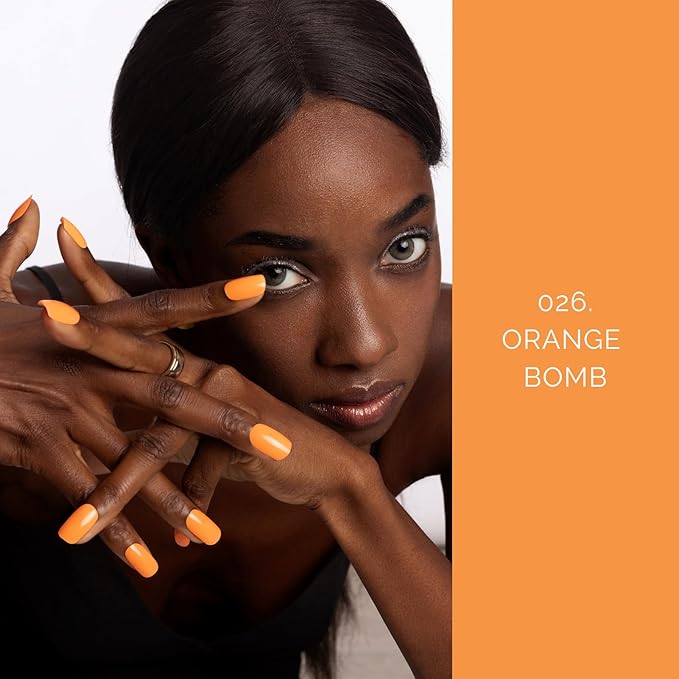 Semi Cured Gel Nail Strips - NAILOG 20 Pcs Orange Gel Nail Stickers Extra Long Nail Wraps with Glossy Gel Finishing for Spring Summer, Orange Bomb