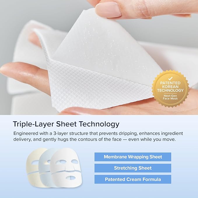 TIMESAVVY Sealing-in-Moisture Mask | No-Slip, No-Drip, No-Mess 15-Minute Triple-Layer Sheet Mask | Niacinamide, Adenosine &Collagen for Hydration,Firming & Glowing Skin | (18gx5ea)