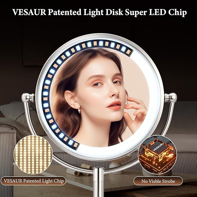 Professional 8.5" Large Lighted Makeup Mirror with Brighter Lights, 1X/10X True HD Magnifying Mirror with 3 Color Dimmable Lights, 90 Shadowless LEDs, 360°Swivel Seamless Vanity Mirror, Pearl Nickel
