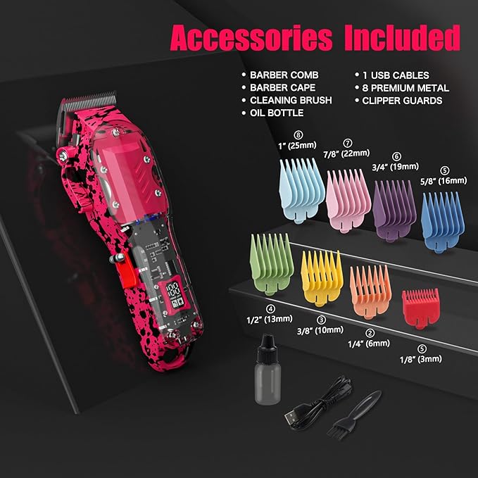 Professional Hair Clippers for Men, Cordless Barber kit for Hair Cutting & Grooming, Hair Clippers Set for Barber Haircut with LED Display 8 Fade Taper Combs(Pink)