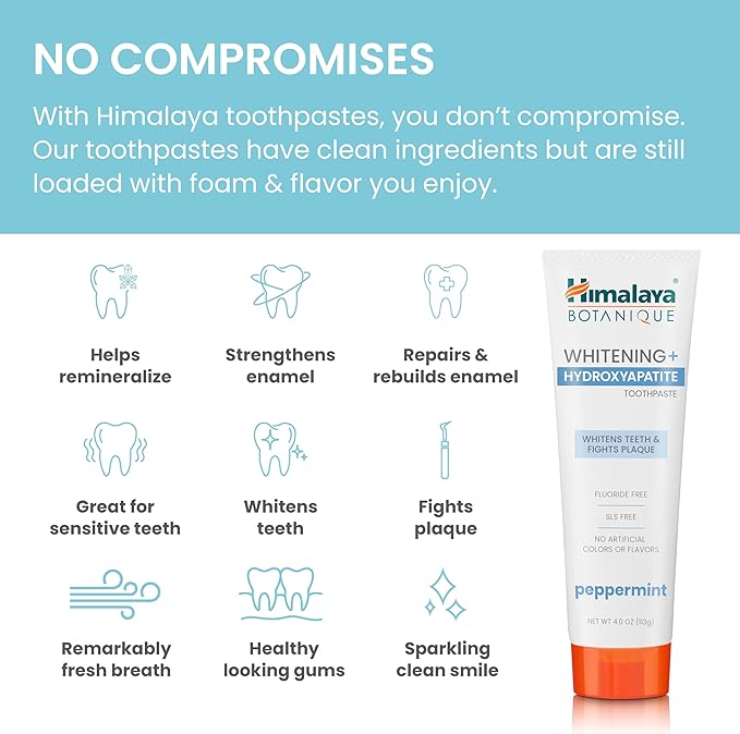 Himalaya Botanique Whitening + Hydroxyapatite Toothpaste, Peppermint - Nano Hydroxyapatite to Support Remineralization and Restore Enamel, Appropriate for Sensitive Teeth - Gluten Free, 4 oz, 2 Pack
