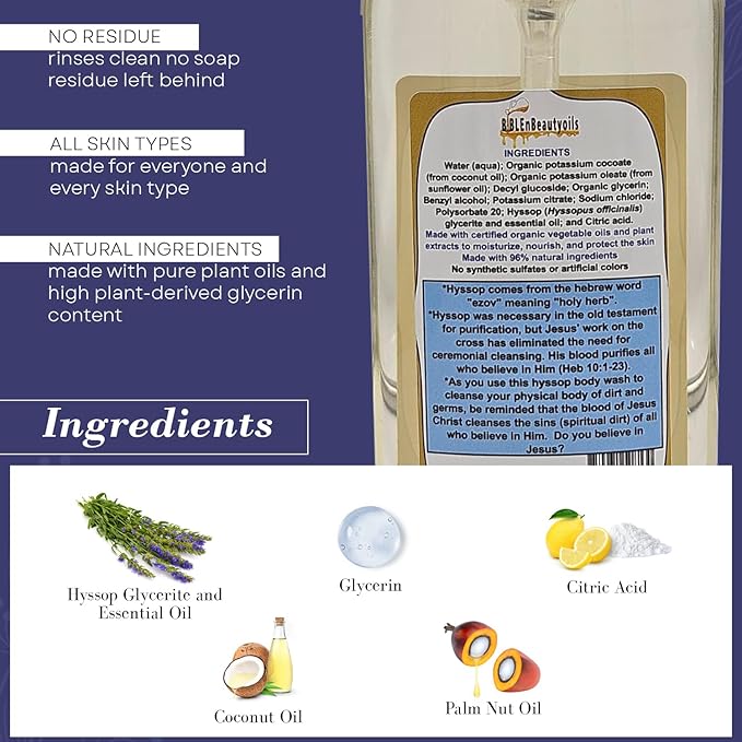 BIBLE N Beautyoils Cleanse Me With Hyssop Natural Hair and Body Wash, Organic Hyssop Infused Shampoo and Body Wash for Nourishing and Refreshing Hair & Body Cleansing