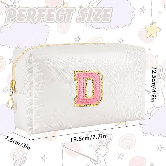 URSKYTOUS Initial Makeup Bag Personalized Preppy Travel Small Cosmetic Bag Cute PU White Chenille Letter Makeup Pouch for Purse Waterproof Zippered Toiletry Organizer for Women Girls Kids Friends (D)