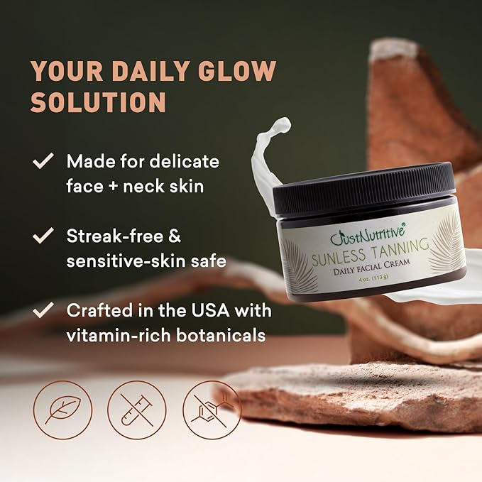 Sunless Tanning Daily Facial Cream | Self-Tanner | Sunless Tanning Lotion | Self-Tanning Lotion | Sunkiss Glow | Just Nutritive | 4 Oz